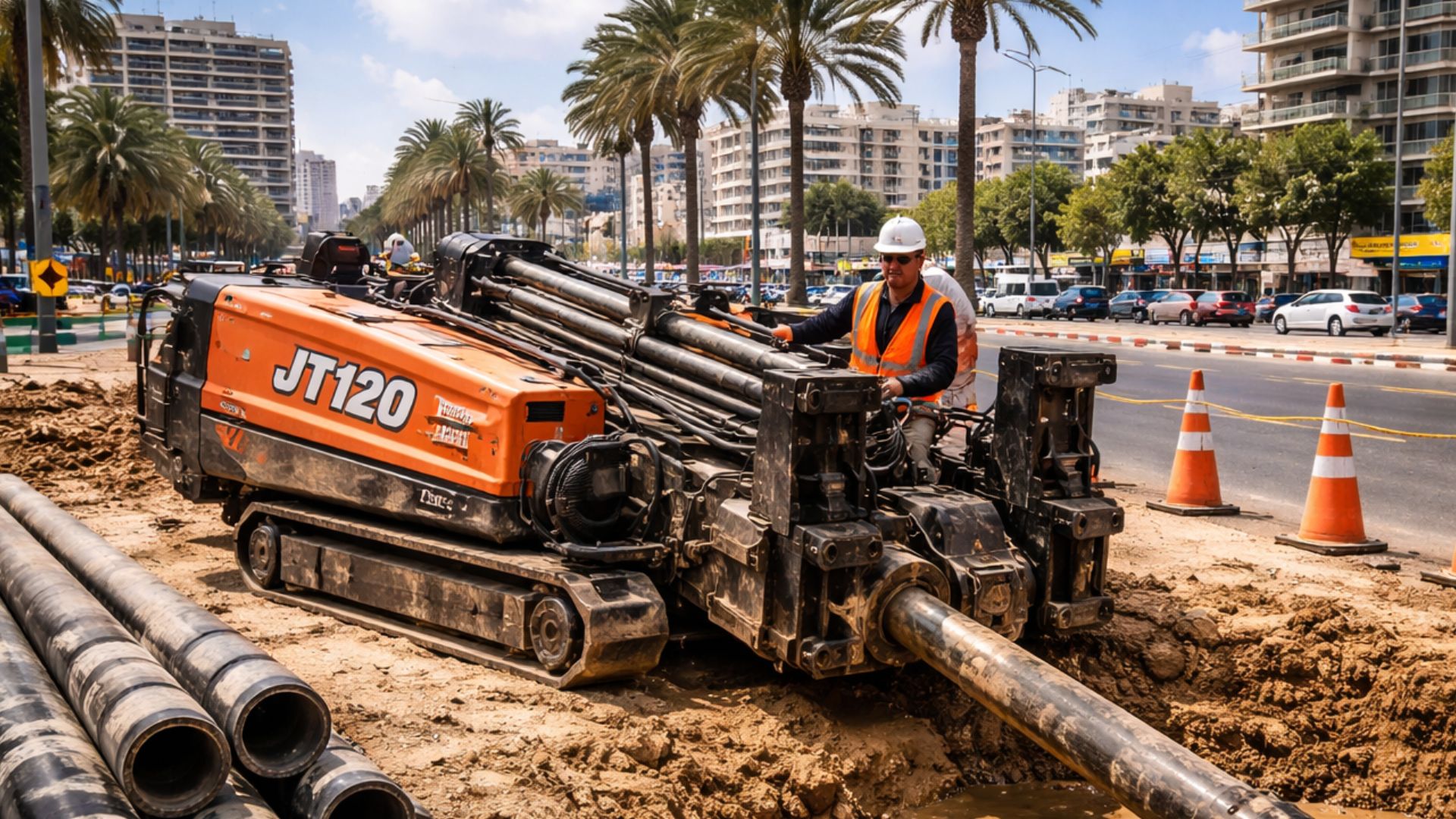 קידוח אופקי HDD בלב אזור עירוני בישראל עם מכונת JT120 של שער קידוח ותשתיות